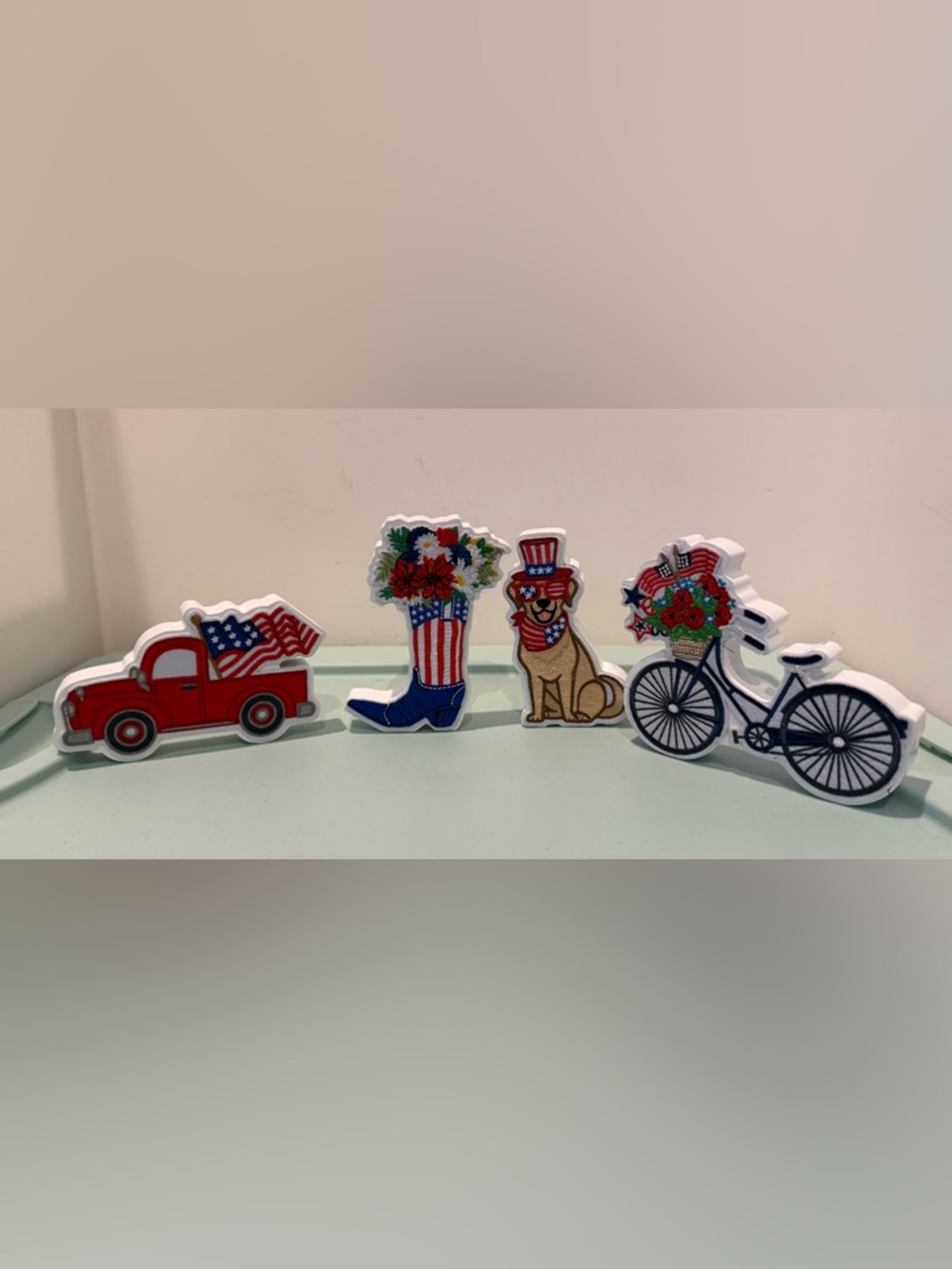 Patriotic Embroidered Wood Decorations- Set of 4- NWT